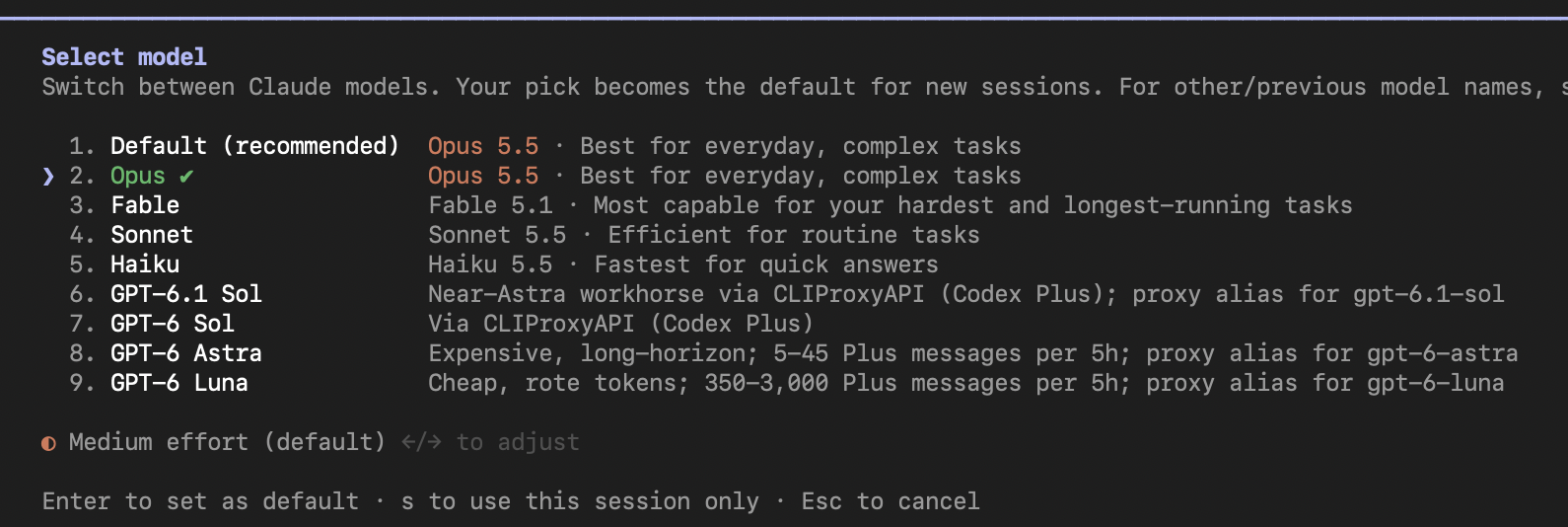 Claude Code's Select model menu listing Opus, Fable, Sonnet and Haiku, followed by GPT-6.1 Sol, GPT-6 Sol, GPT-6 Astra and GPT-6 Luna, each described as routed via CLIProxyAPI.